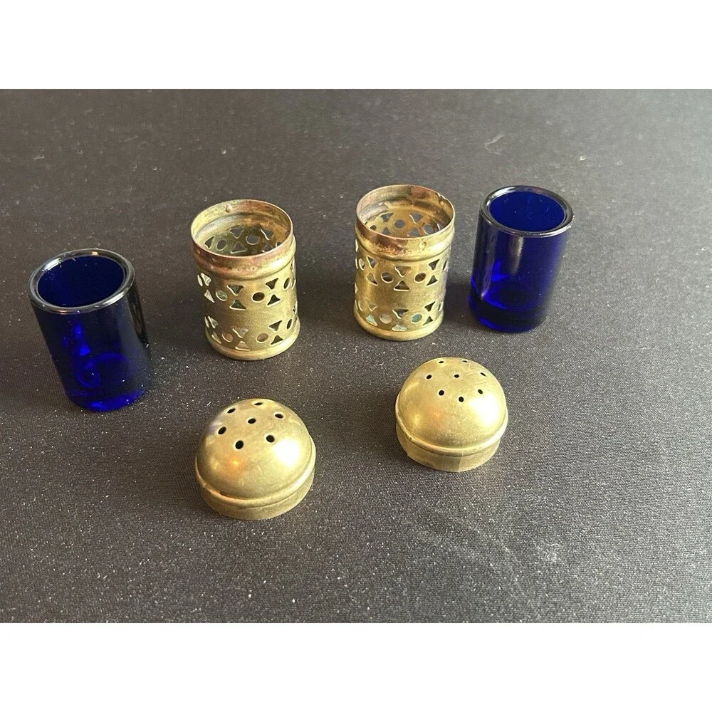 Vintage Finland Brass Cobalt Blue Glass Salt Pepper Shakers Pierced Holder Set